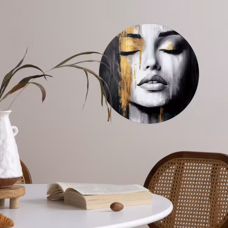 Gezicht - Vrouw - Penseelstreken - Abstract Wandcirkel behangsticker klein -sfeer3