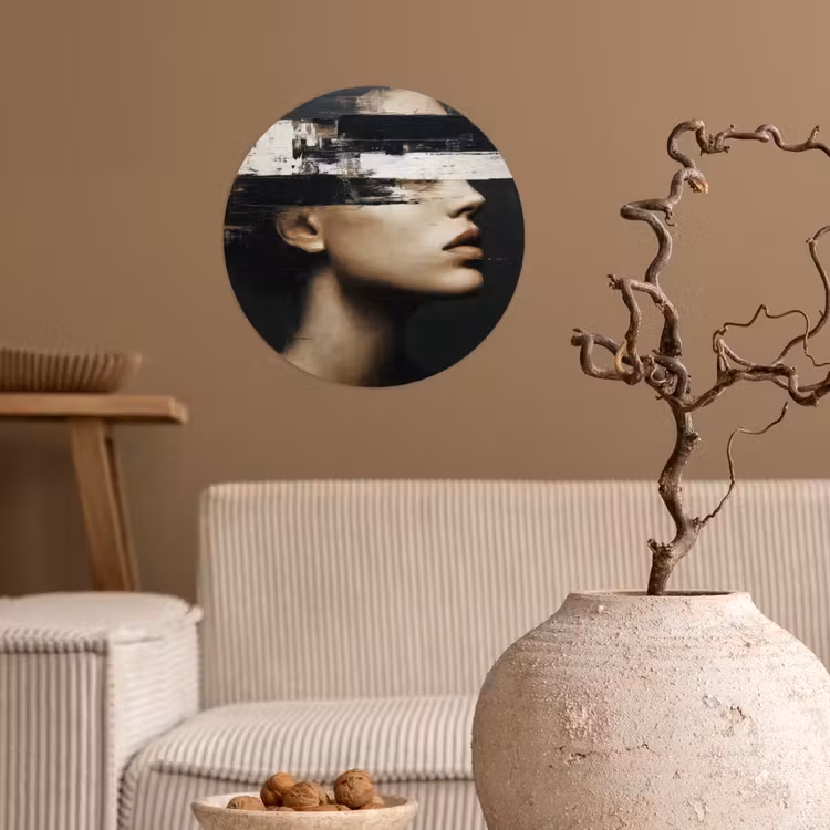 Gezicht - Vrouw - Zwart - Abstract Wandcirkel behangsticker klein -sfeer1