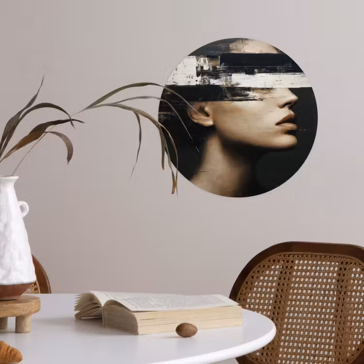 Gezicht - Vrouw - Zwart - Abstract Wandcirkel behangsticker klein -sfeer3