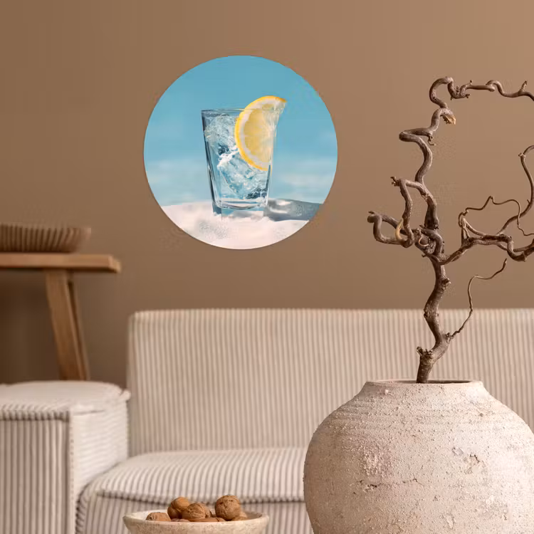 Glas - ijsblokjes - Citroen Wandcirkel behangsticker klein -sfeer1