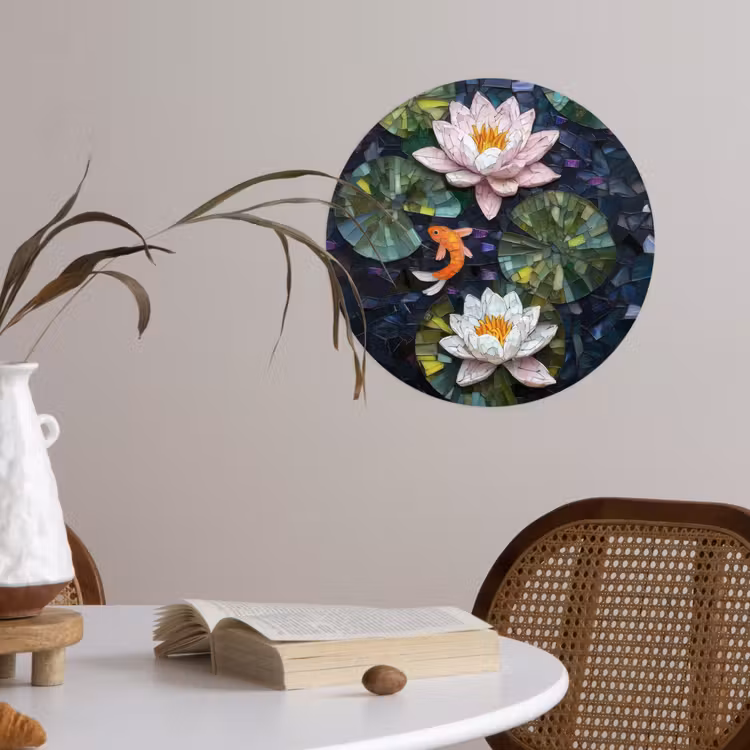 Glasstukjes - Leliebladeren - Vis - Oranje Wandcirkel behangsticker klein -sfeer3