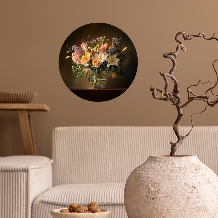 Glazen - Bloemen - Boeket - Kleuren Wandcirkel behangsticker klein -sfeer1