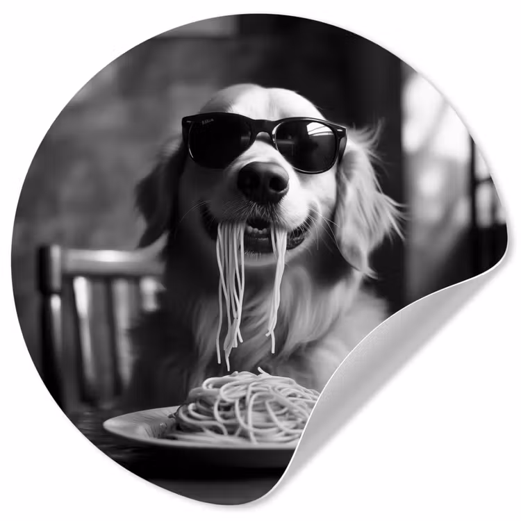 Golden Retriever - Hond - Vrolijk - Bord spaghetti - Zwart - wit Wandcirkel behangsticker klein -3d