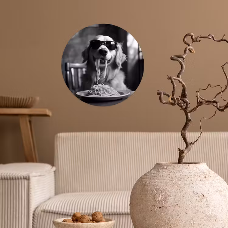 Golden Retriever - Hond - Vrolijk - Bord spaghetti - Zwart - wit Wandcirkel behangsticker klein -sfeer1