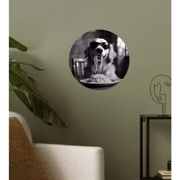 Golden Retriever - Hond - Vrolijk - Bord spaghetti - Zwart - wit Wandcirkel behangsticker klein -sfeer2