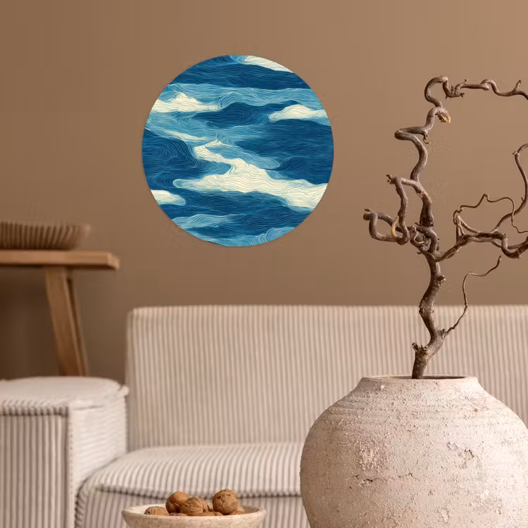 Golven - Abstract - Patroon - Blauw - Wit Wandcirkel behangsticker klein 186 -sfeer1