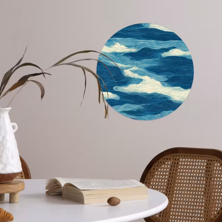 Golven - Abstract - Patroon - Blauw - Wit Wandcirkel behangsticker klein 186 -sfeer3