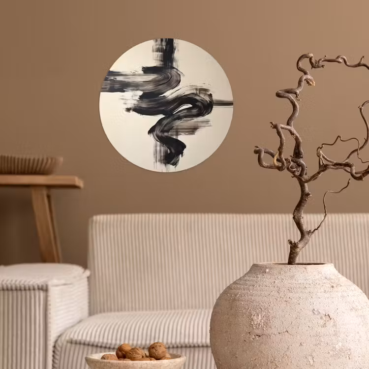 Golven - Penseelstreken - Beige - Minimalistisch Wandcirkel behangsticker klein -sfeer1
