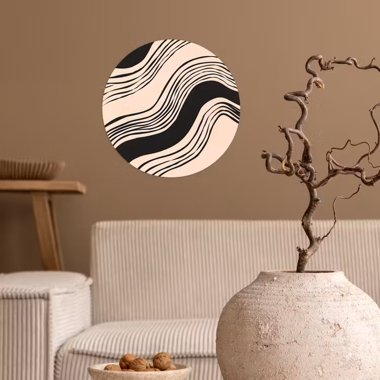 Golven - Zwart - Zandkleur Wandcirkel behangsticker klein -sfeer1