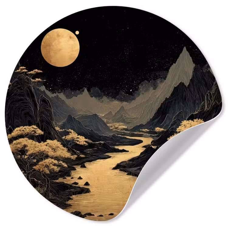 Gouden rivier - Bergen - Maan - Sterrenhemel Wandcirkel behangsticker klein -3d