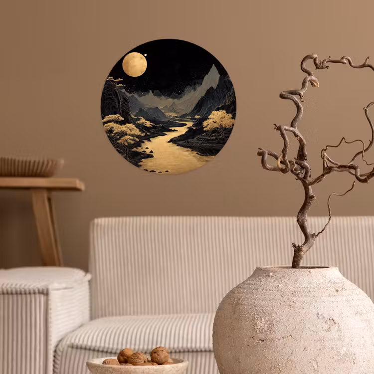 Gouden rivier - Bergen - Maan - Sterrenhemel Wandcirkel behangsticker klein -sfeer1