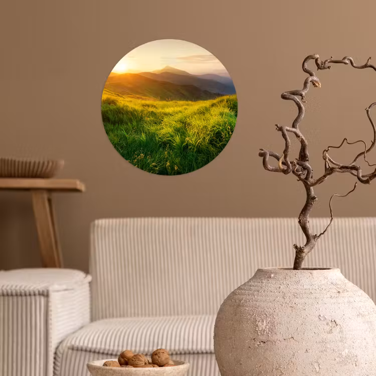 Gras - Heuvels - Zon - Natuur - Landschap Wandcirkel behangsticker klein -sfeer1