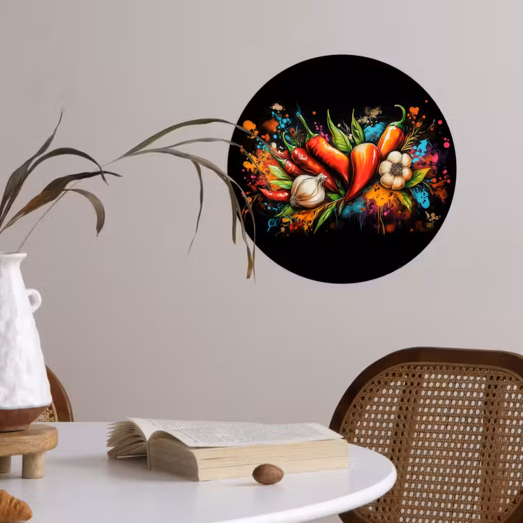 Groente - Peper - Knoflook - Graffiti - Verf - Kleurrijk Wandcirkel behangsticker klein -sfeer3