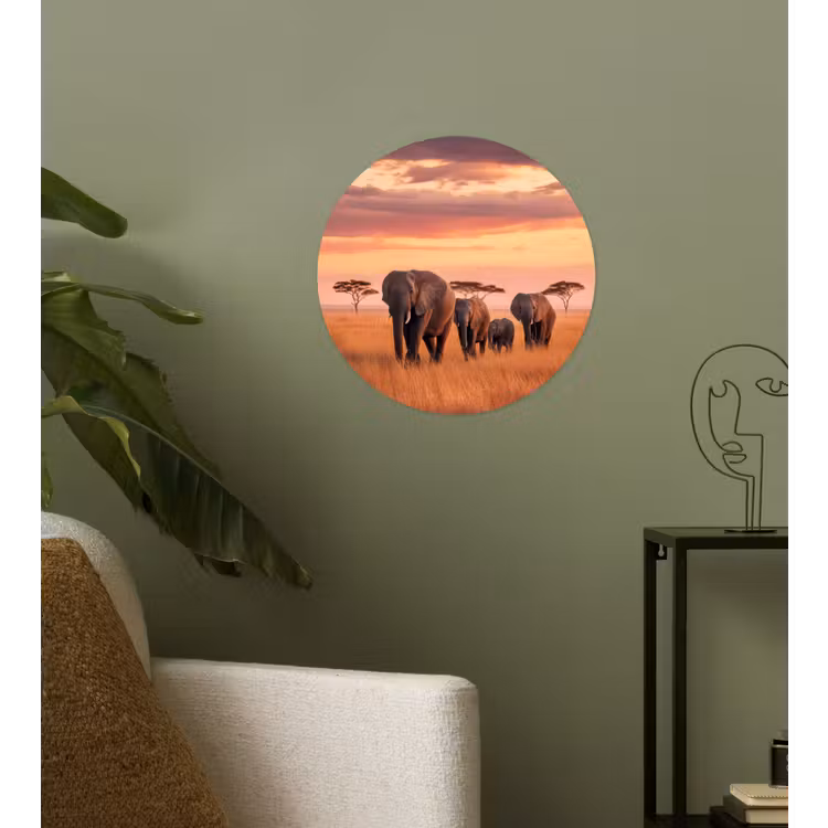 Groep olifanten - Open vlakte - Zon Wandcirkel behangsticker klein -sfeer2