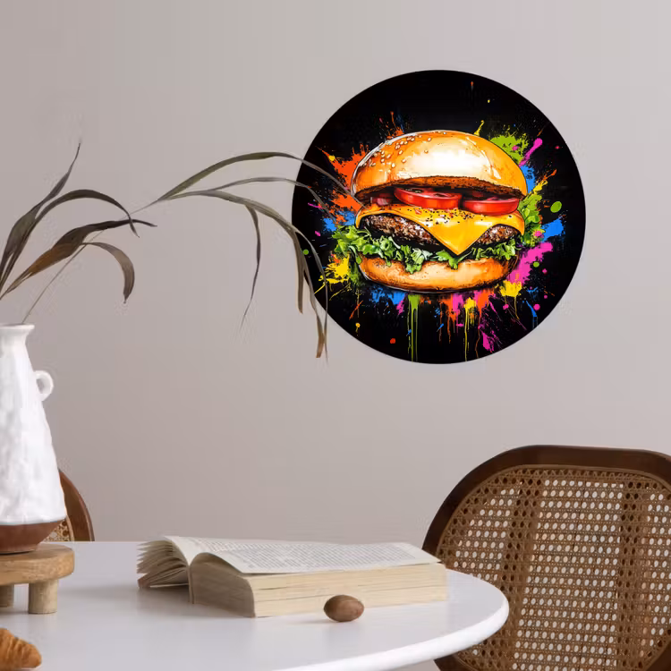 Hamburger - Graffiti - Verf - Kleurrijk - Eten - Abstract Wandcirkel behangsticker klein -sfeer3