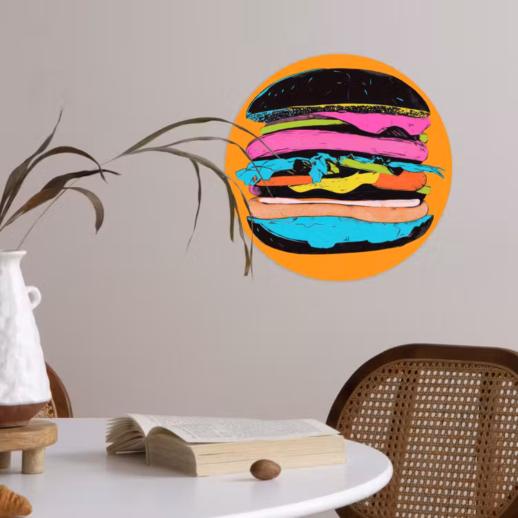 Hamburger - Kleurrijk - Speels Wandcirkel behangsticker klein -sfeer3