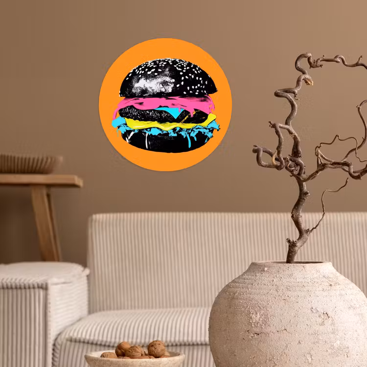 Hamburger - Oranje - Neon - popart Wandcirkel behangsticker klein -sfeer1