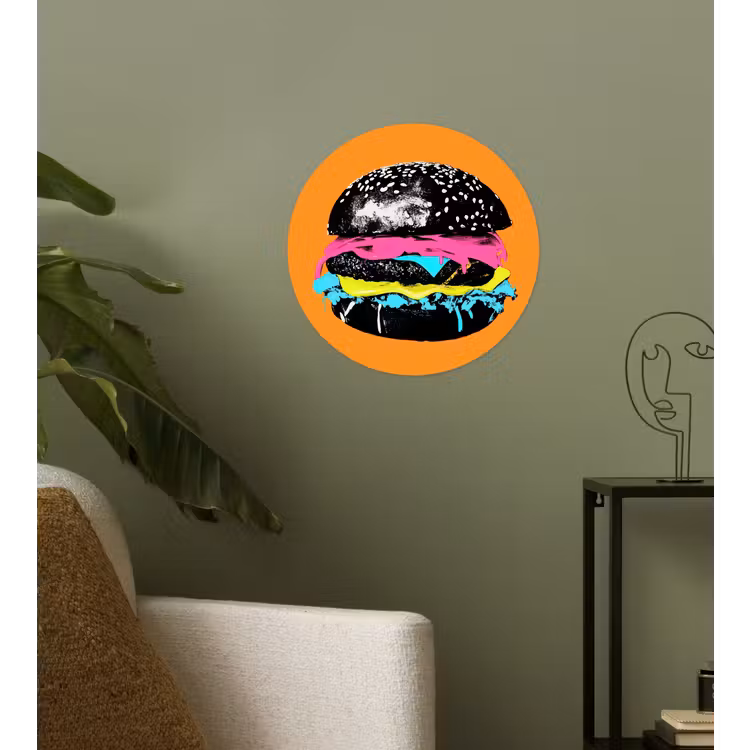 Hamburger - Oranje - Neon - popart Wandcirkel behangsticker klein -sfeer2