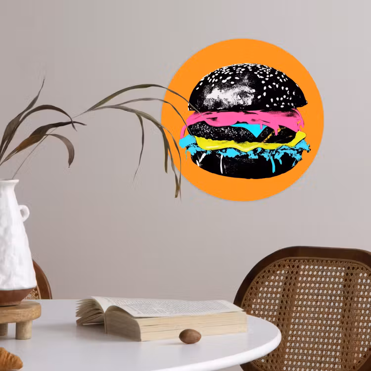 Hamburger - Oranje - Neon - popart Wandcirkel behangsticker klein -sfeer3