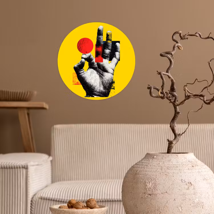 Hand - Rode cirkel - Geel Wandcirkel behangsticker klein -sfeer1