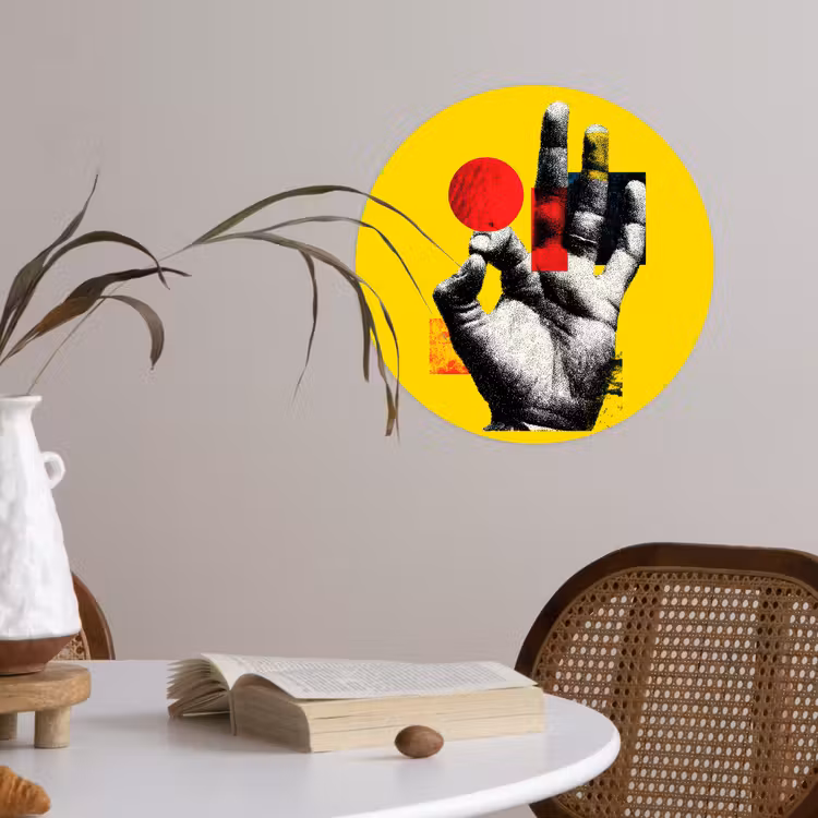 Hand - Rode cirkel - Geel Wandcirkel behangsticker klein -sfeer3