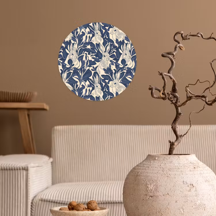 Hazen - Bladeren - Patroon - Blauw - Beige Wandcirkel behangsticker klein 186 -sfeer1