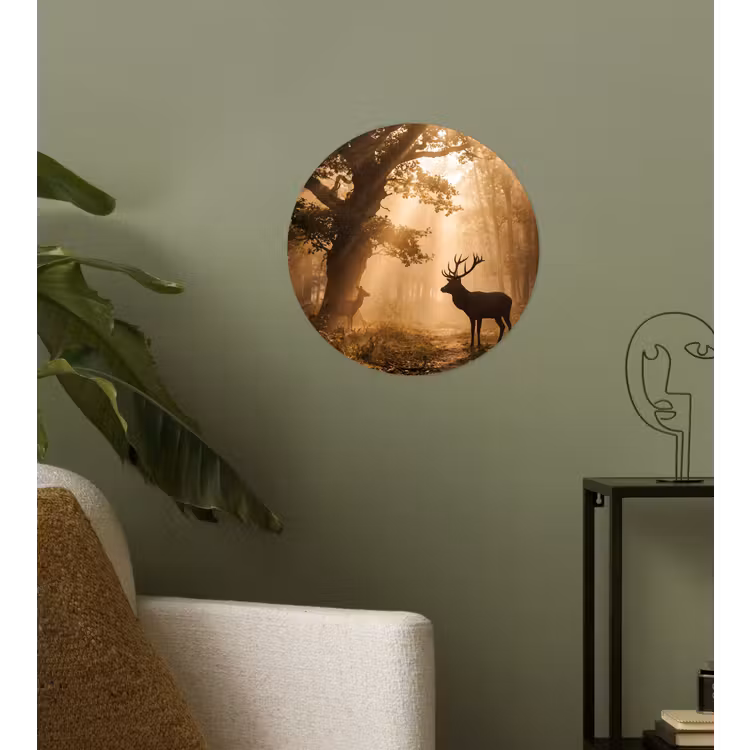 Hert - Bos - Mistig - Natuur - Goud Wandcirkel behangsticker klein -sfeer2
