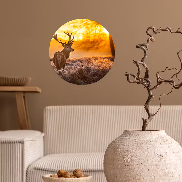 Hert - Dieren - Zonsondergang - Winter - Heide - Natuur Wandcirkel behangsticker klein -sfeer1