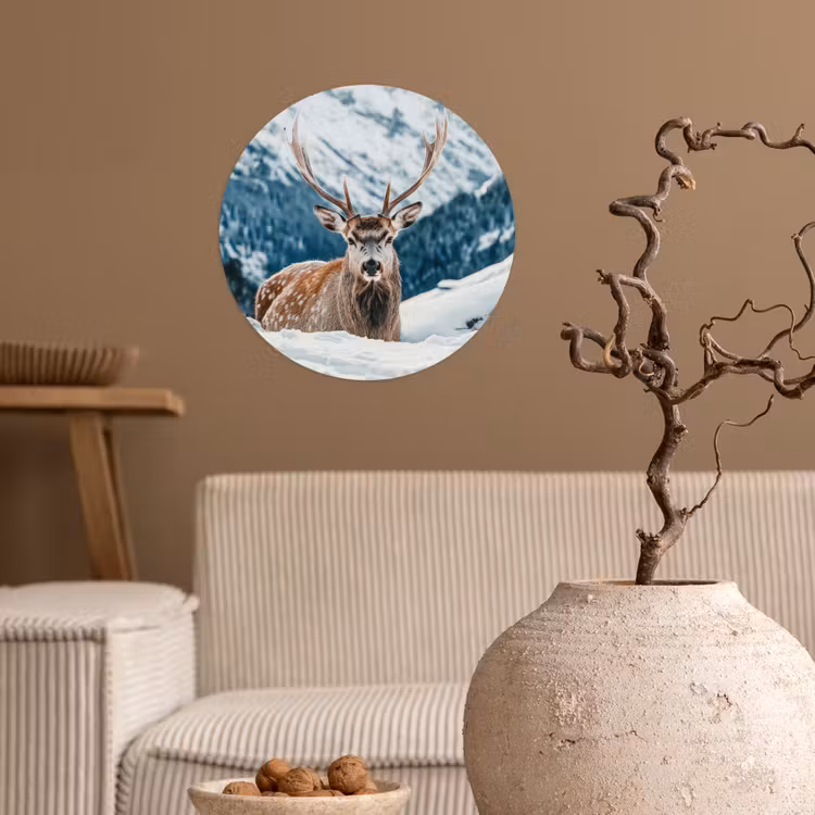 Hert - Landschap - Winter - Natuur - Dieren - Bergen Wandcirkel behangsticker klein -sfeer1