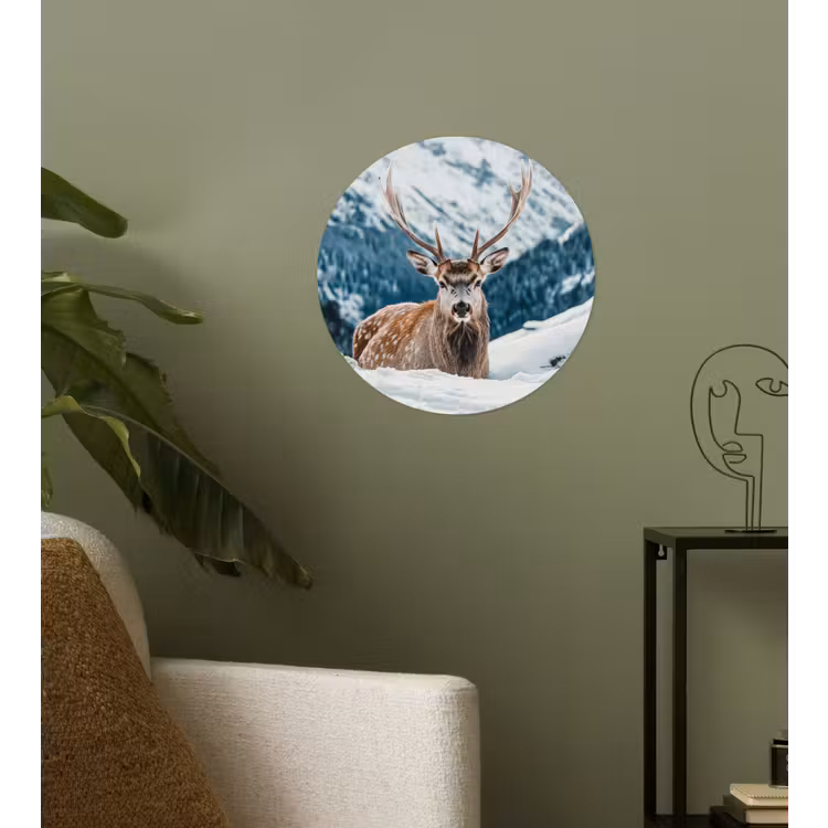 Hert - Landschap - Winter - Natuur - Dieren - Bergen Wandcirkel behangsticker klein -sfeer2