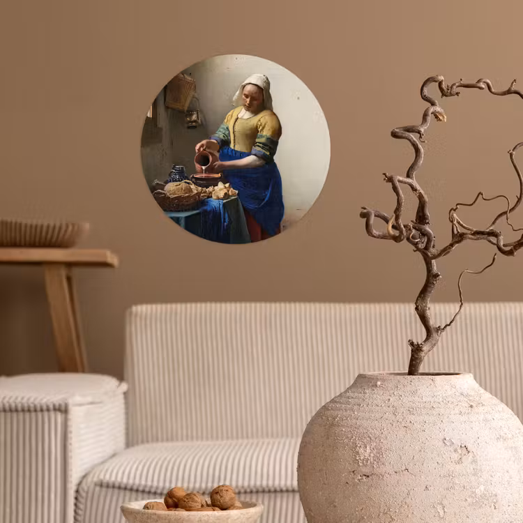 Het melkmeisje - Schilderij van Johannes Vermeer Wandcirkel behangsticker klein -sfeer1