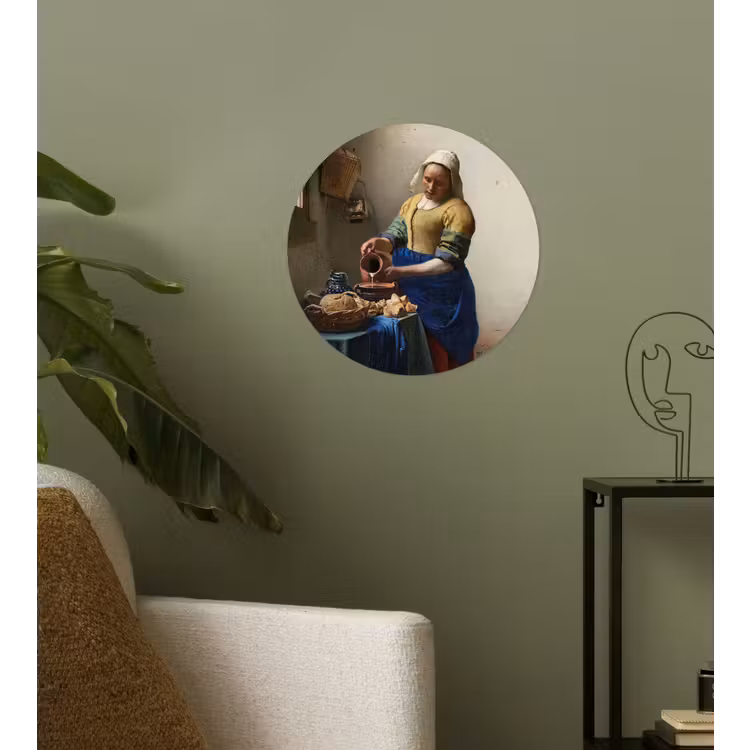 Het melkmeisje - Schilderij van Johannes Vermeer Wandcirkel behangsticker klein -sfeer2