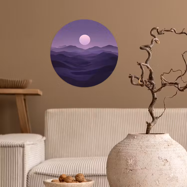 Heuvels - Paars - Mist - Zon Wandcirkel behangsticker klein -sfeer1