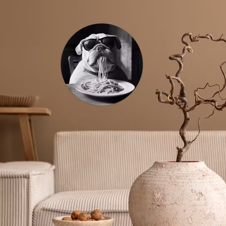 Hond - Bulldog - Pasta - Bril - Stoer - Dieren Wandcirkel behangsticker klein -sfeer1