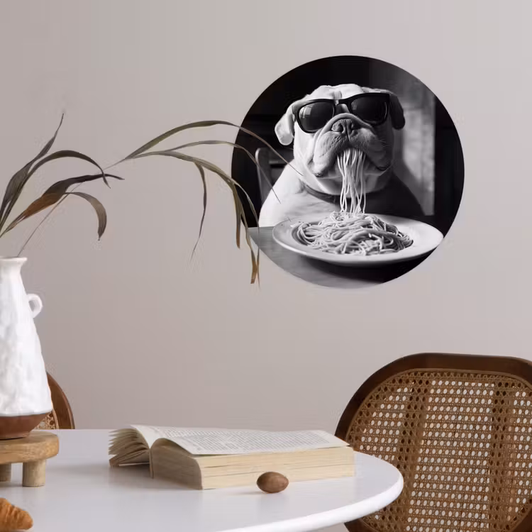 Hond - Bulldog - Pasta - Bril - Stoer - Dieren Wandcirkel behangsticker klein -sfeer3