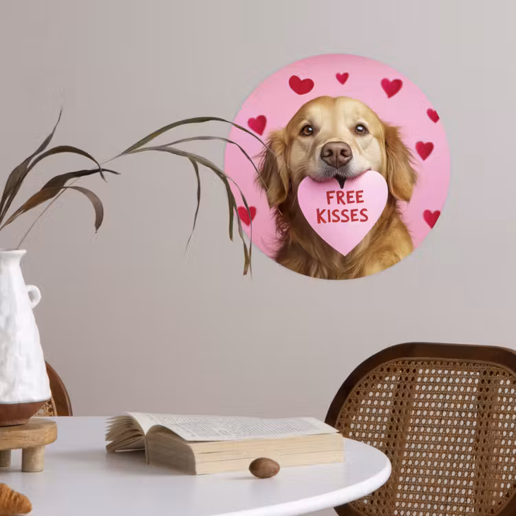 Hond - Kiss- Valentijn - Hartjes Wandcirkel behangsticker klein -sfeer3