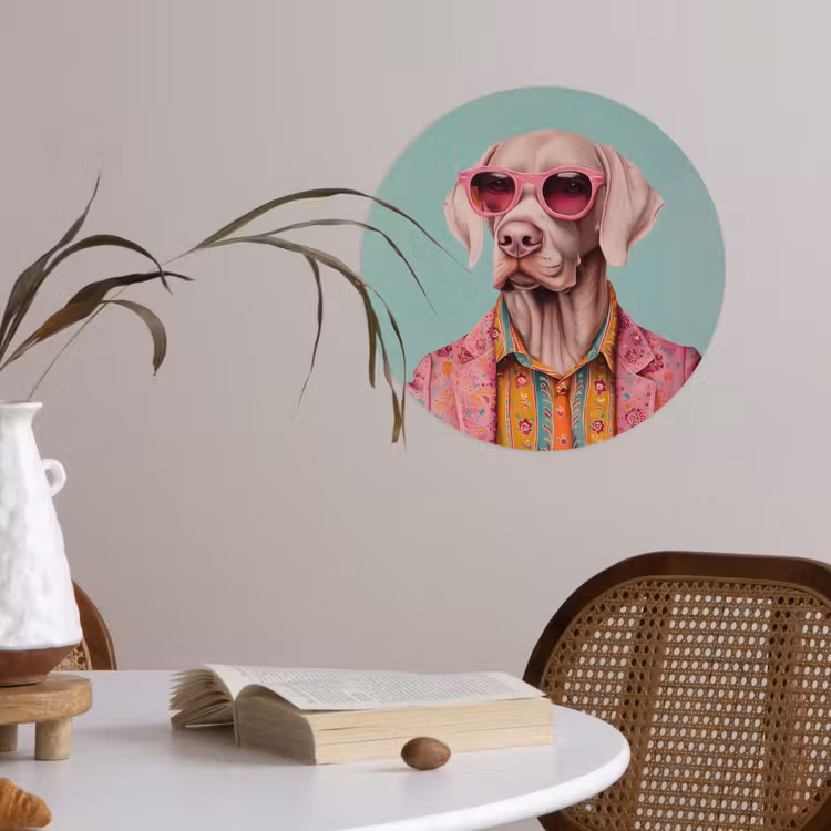 Hond - Overhemd - Bloemen - Bril Wandcirkel behangsticker klein -sfeer3