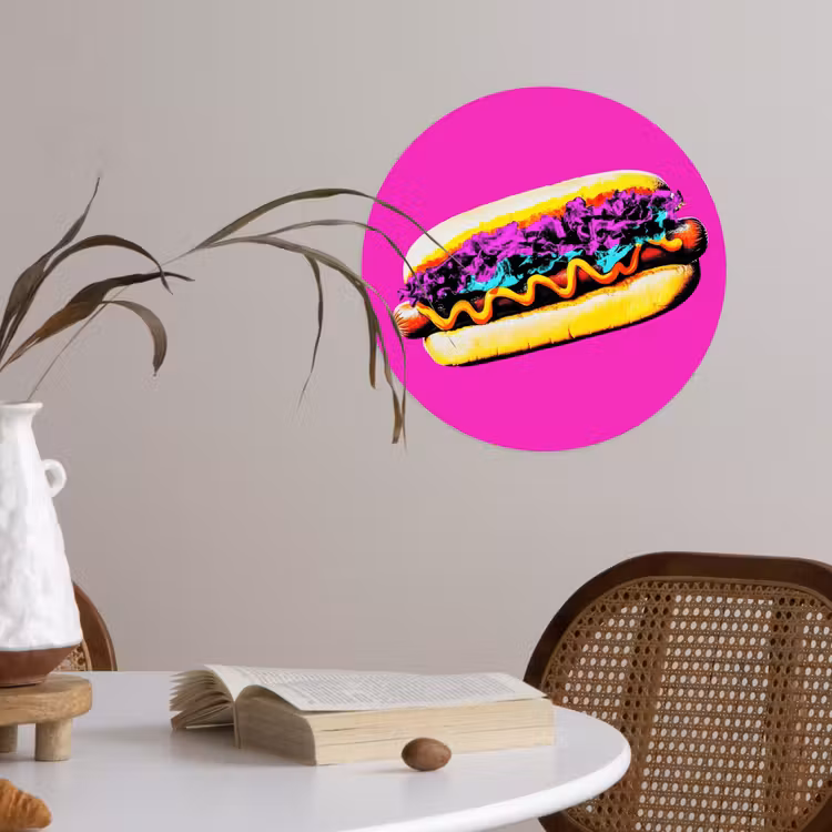 Hotdog - Roze - Retro Wandcirkel behangsticker klein -sfeer3