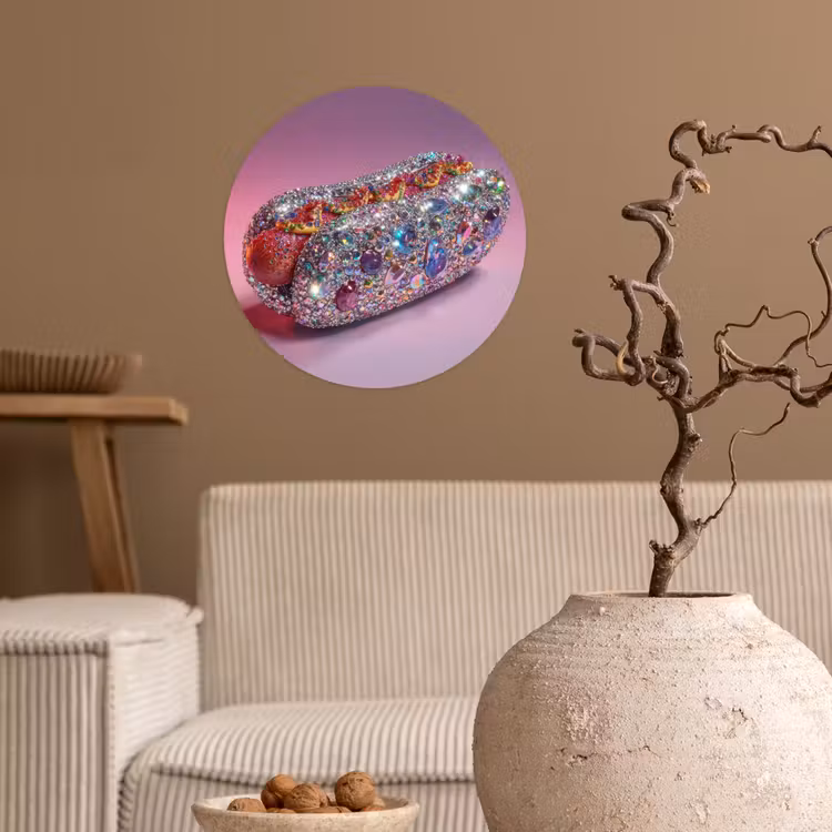 Hotdog - Steentjes - Glitters - Paars Wandcirkel behangsticker klein -sfeer1