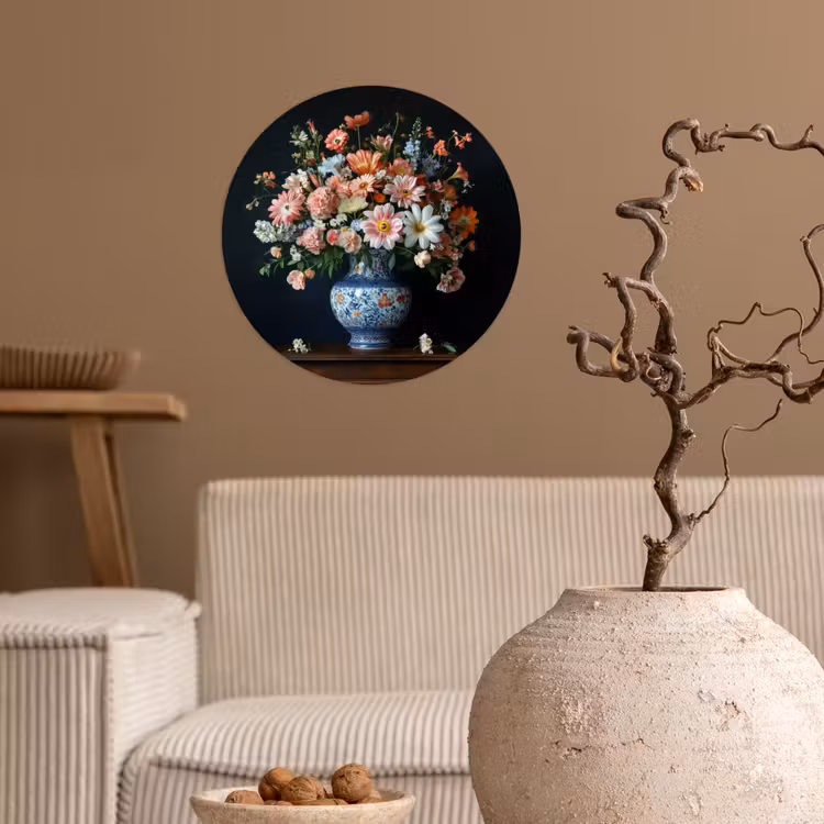 Hout - Vaas - Kleuren - Bloemen Wandcirkel behangsticker klein -sfeer1