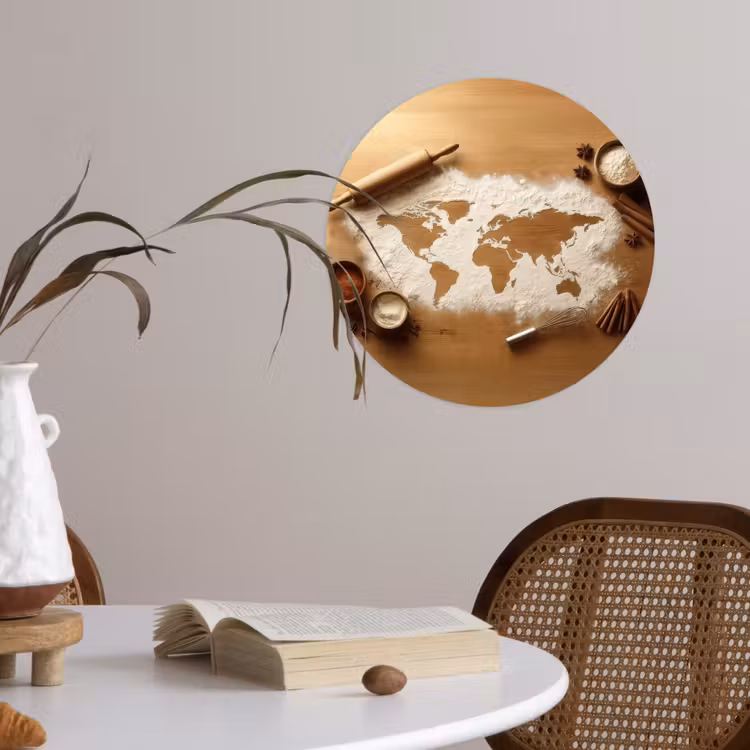 Hout - Wereldkaart - Bakken - Keuken Wandcirkel behangsticker klein -sfeer3