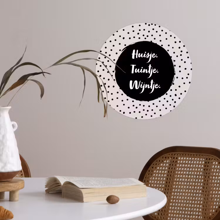 Huisje. Tuintje. Wijntje - Quotes - Tekst - Wijn - Tuin Wandcirkel behangsticker klein -sfeer3