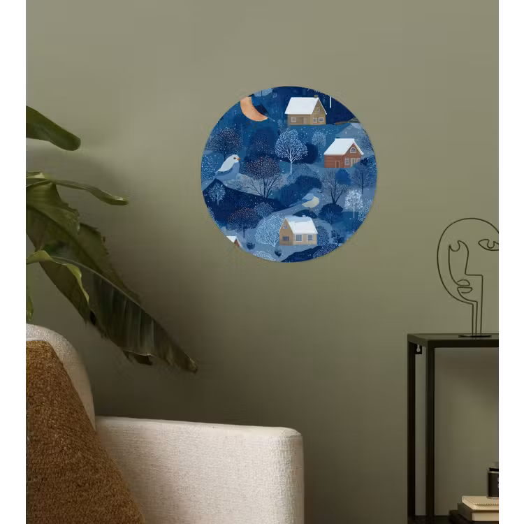 Huisjes - Vogels - Sneeuw - Winter - Blauw Wandcirkel behangsticker klein 186 -sfeer2