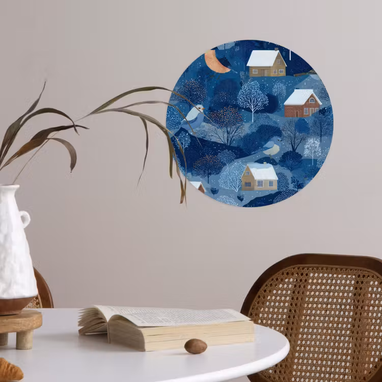 Huisjes - Vogels - Sneeuw - Winter - Blauw Wandcirkel behangsticker klein 186 -sfeer3
