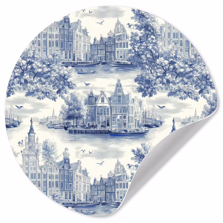 Huizen - Bomen - Water - Vogels - Blauw Wandcirkel behangsticker klein 186 -3d
