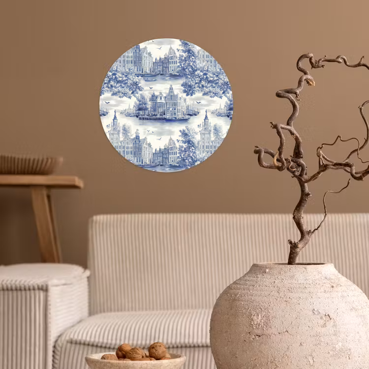Huizen - Bomen - Water - Vogels - Blauw Wandcirkel behangsticker klein 186 -sfeer1