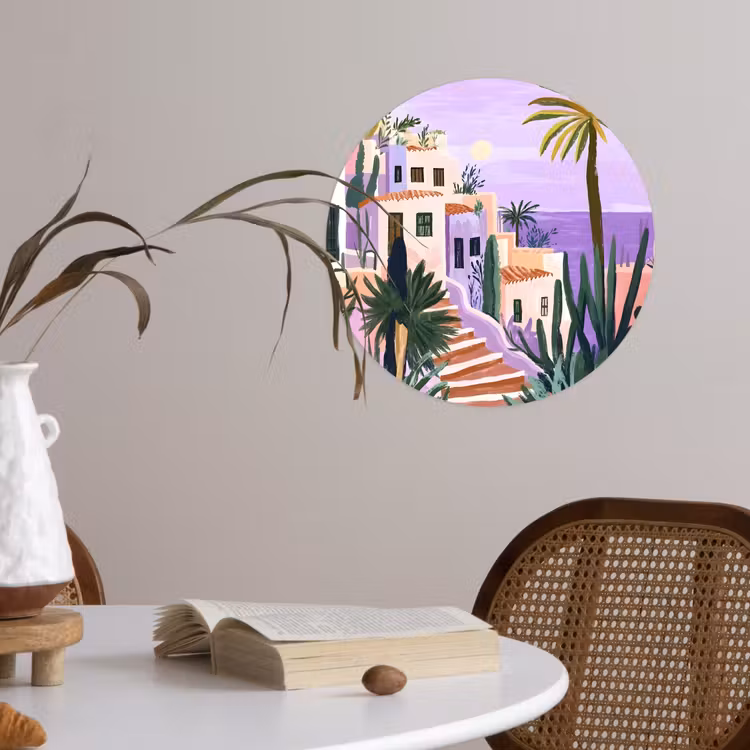 Huizen - Minimalistisch - Palmbomen - Kust Wandcirkel behangsticker klein -sfeer3