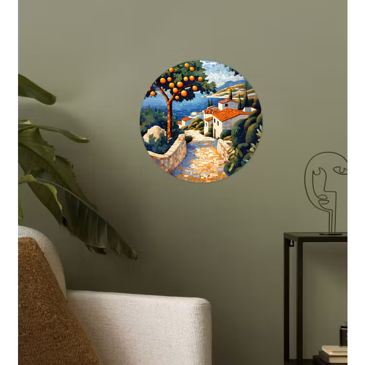 Huizen - Mozaïek - Sinaasappelbomen - Zee Wandcirkel behangsticker klein -sfeer2