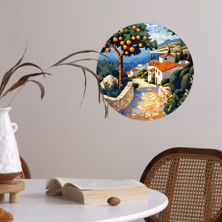 Huizen - Mozaïek - Sinaasappelbomen - Zee Wandcirkel behangsticker klein -sfeer3