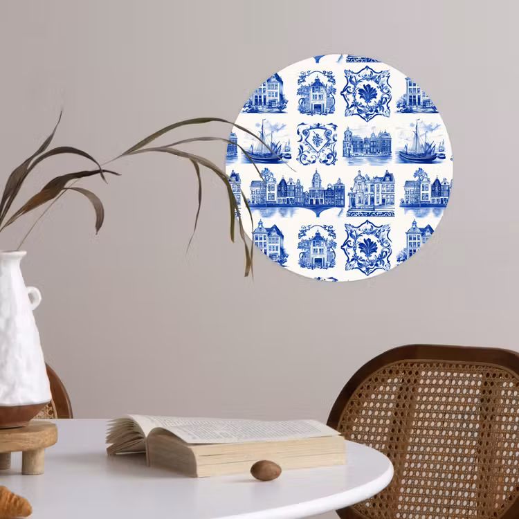 Huizen - Schepen - Blauw Wandcirkel behangsticker klein 186 -sfeer3